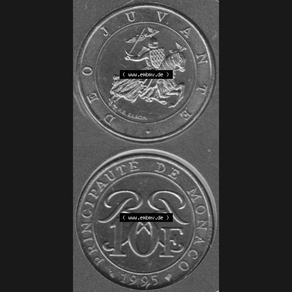 Grau bzw. s/w Münzen Monaco Umlaufmünze 1989-2000, 10 Francs 1995, Münzseiten Untereinander als Bildmaterial Sammlung Graustufen