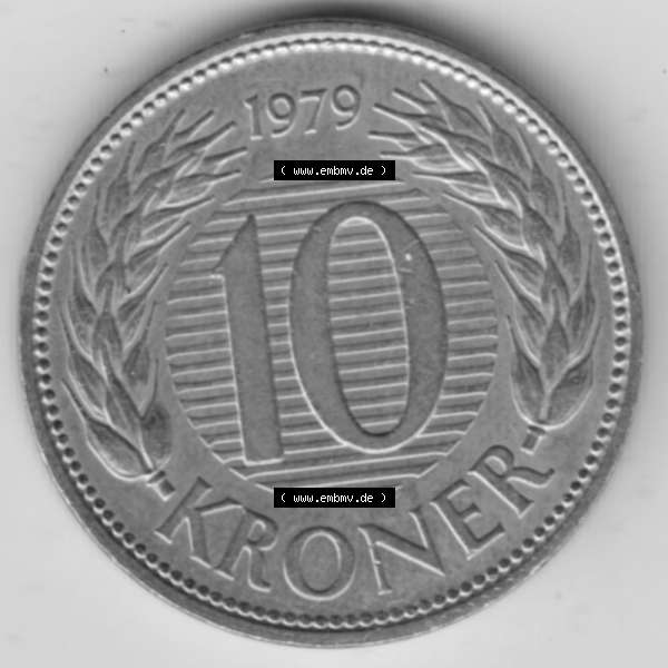 Grau bzw. s/w Münzen Dänemark Umlaufmünze 1979-1988, 10 Kronen 1979, Königin Margrethe II.. Rückseite der alten dänischen Umlaufmünze aus Dänemark zum... Sammlung Graustufen