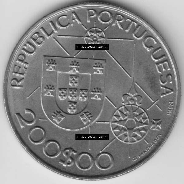 Grau bzw. s/w Münzen Portugal Gedenkmünze 1992-1992, 200 Escudos, America 1492-1992, Novomundo, Xpo Perens. Vorderseite der Gedenkmünze aus Portugal zum katalogisieren im... Sammlung Graustufen