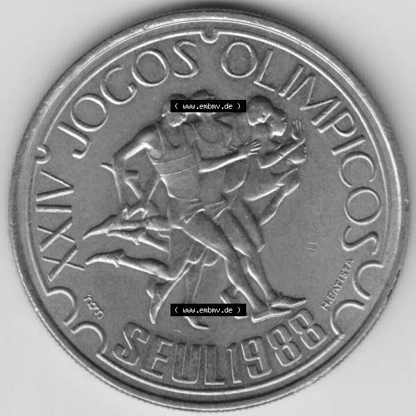 Grau bzw. s/w Münzen Portugal Gedenkmünze 1988-1988, 250 Escudo, XXIV Jogos Olimpicos Seul 1988, OLympiade. Rückseite der portugiesischen Gedenkmünze aus Portugal vor der... Sammlung Graustufen