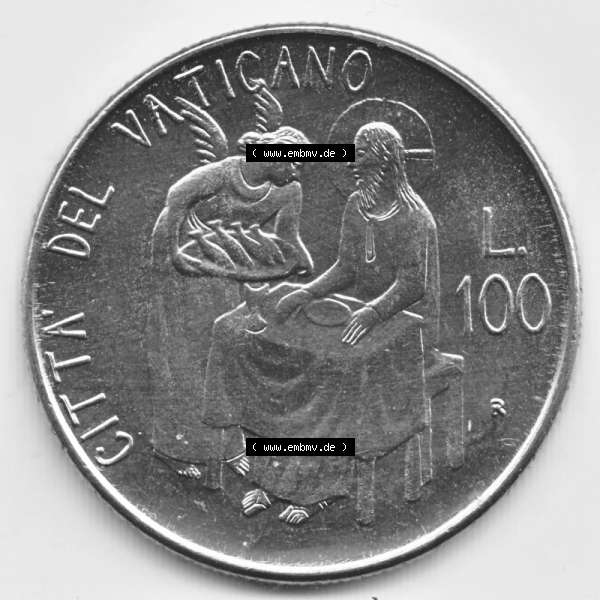 Grau bzw. s/w Münzen Vatikan / Vatikanstadt Umlaufmünze 1981-1981, 100 Lire Papst Johannes Paul II, Bild mit Rückseite der Münze als Bildmaterial. Münze aus dem Vatikan... Sammlung Graustufen