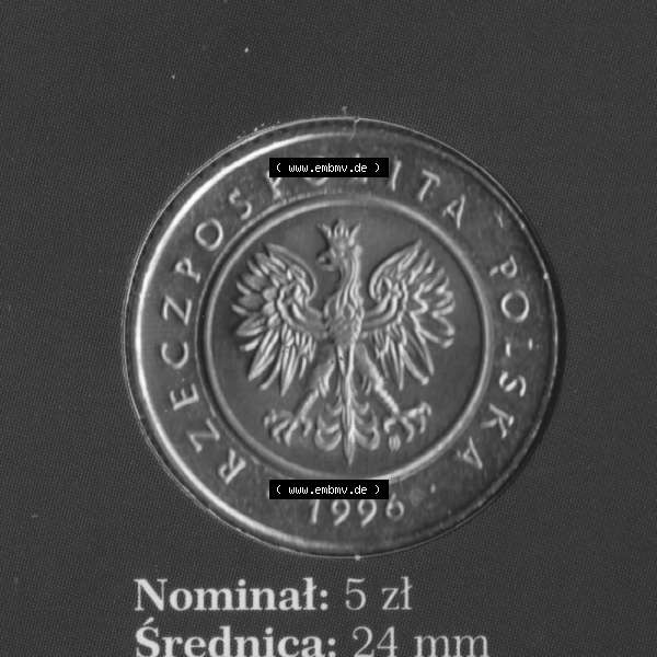 Grau bzw. s/w Münzen Polen KMS Umlaufmünze 1996, 5 Zloty (1) Sammlung Graustufen