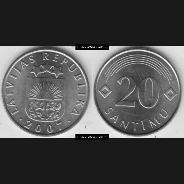 Grau bzw. s/w Münzen Lettland Umlaufmünze 1992-2009, 20 Santimu 2007, Bild mit horizontaler Vollansicht als Bildmaterial Sammlung Graustufen
