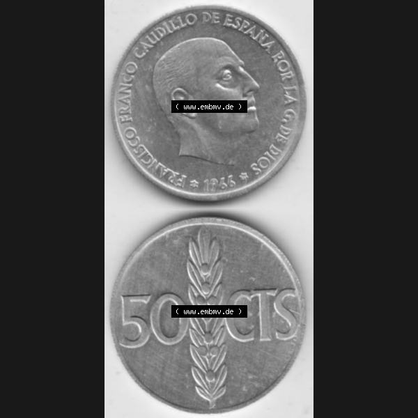 Grau bzw. s/w Münzen Spanien Umlaufmünze 1966-1966, 50 Centomis, Münze aus Spanien, Umlaufmünze / aus Zahlungsverkehr mit Münzseiten Vertikal / Untereinander auf einen... Sammlung Graustufen