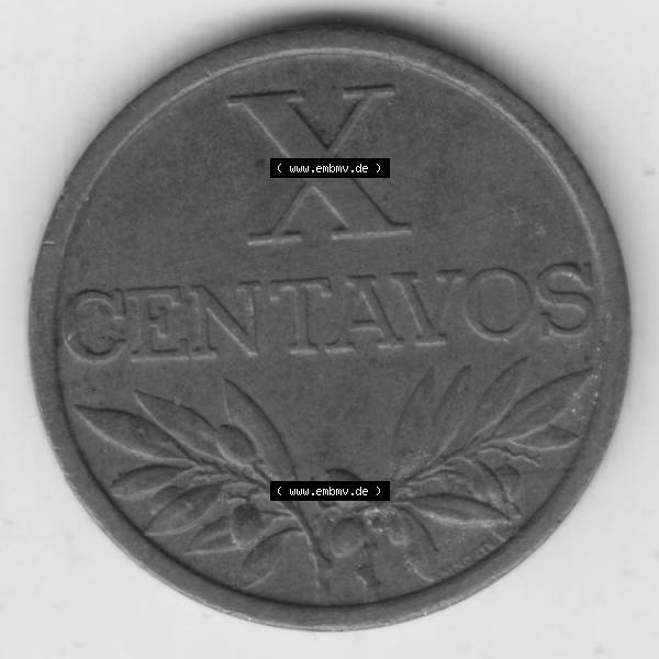 Grau bzw. s/w Münzen Portugal Umlaufmünze 1942-1969, 10 Centavos 1962. Vorderseite der Escudo Umlaufmünze aus Portugal vor EInführung der Euromünzen in Portugal zum katalogisieren... Sammlung Graustufen