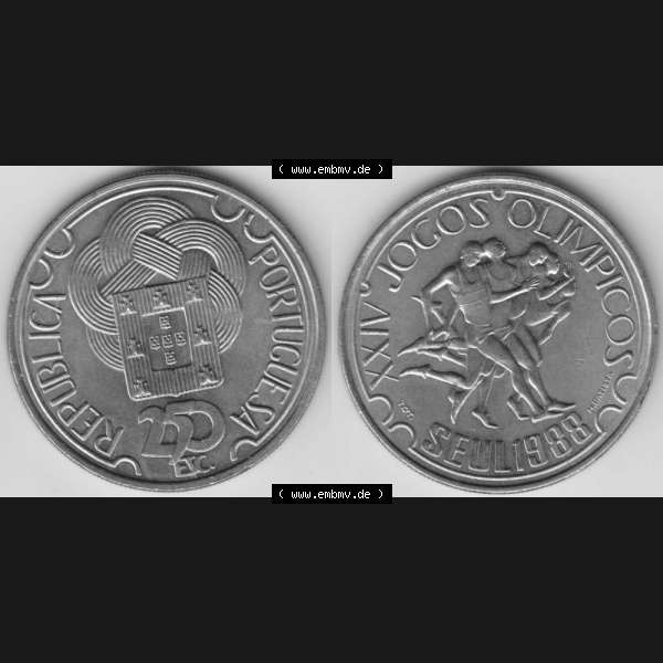Grau bzw. s/w Münzen Portugal Gedenkmünze 1988-1988, 250 Escudo, XXIV Jogos Olimpicos Seul 1988, OLympiade. Vorderseite und Rückseite auf einen Bild/Foto der portugiesischen... Sammlung Graustufen