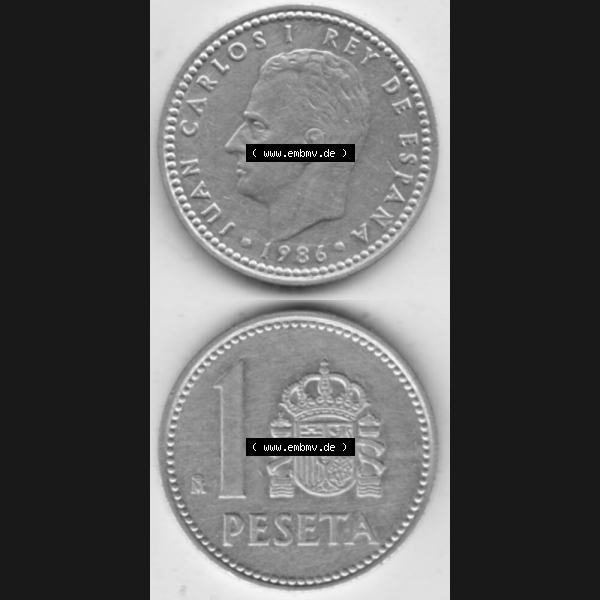 Grau bzw. s/w Münzen Spanien Umlaufmünze 1982-1989, 1 Pesete 1986, Münze aus Spanien, Umlaufmünze / aus Zahlungsverkehr mit Münzseiten Vertikal / Untereinander auf... Sammlung Graustufen
