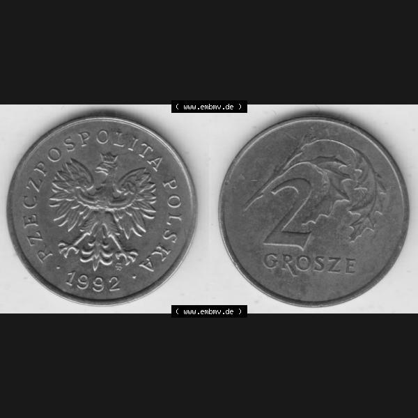 Grau bzw. s/w Münzen Polen Umlaufmünze 1990-2014, 2 Grosze 1992, Bild mit Vollansicht als Bildmaterial Sammlung Graustufen