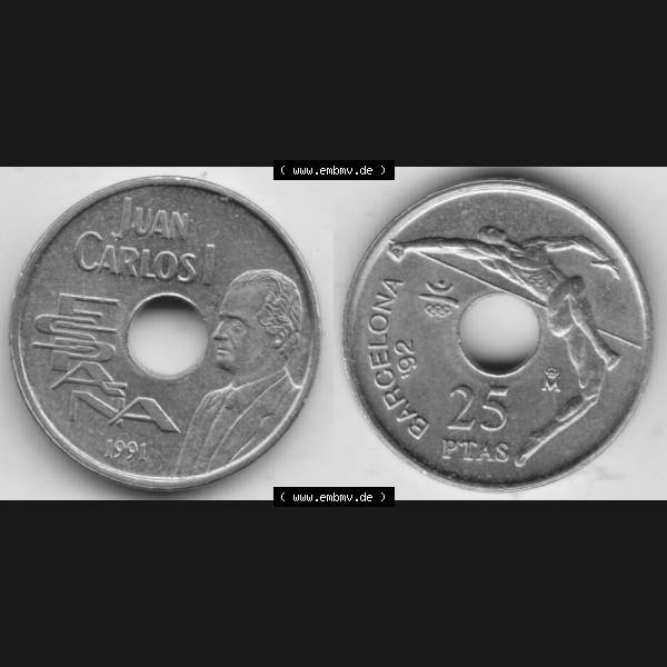 Grau bzw. s/w Münzen Spanien Umlaufmünze 1990-1991, 25 PTAS - Peseten 1991, Bild mit Vollansicht als Bildmaterial Sammlung Graustufen