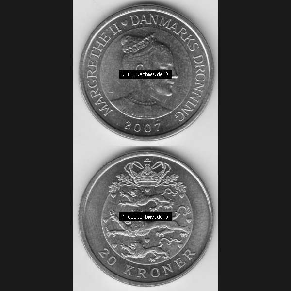 Grau bzw. s/w Münzen Dänemark Umlaufmünze 2007, 20 Kroner, Kronen. Vorderseite und Rückseite vertikal auf einen digitalen Bild der alten dänischen Umlaufmünze aus Dänemark... Sammlung Graustufen