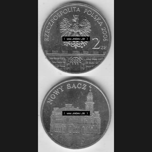 Grau bzw. s/w Münzen Polen Gedenkmünze 2006-2006, 2 Zloty, Historische Städte Polens - Nowy Sącz, Münzseiten Untereinander als Bildmaterial Sammlung Graustufen