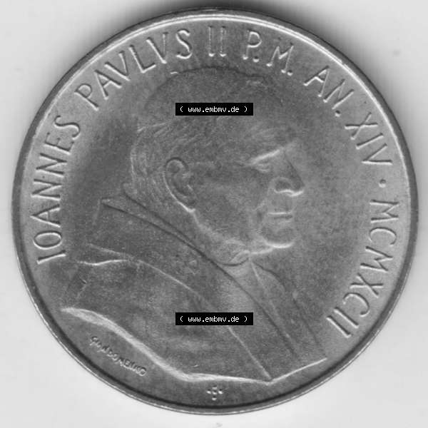 Grau bzw. s/w Münzen Vatikan / Vatikanstadt Umlaufmünze 1992-1992, 20 Lire Papst Giovanni Paolo II, Bild mit Vorderseite der Münze als Bildmaterial. Münze aus dem Vatikan der... Sammlung Graustufen