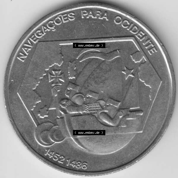 Grau bzw. s/w Münzen Portugal Gedenkmünze 1992-1992 200 Escudo, Navegagoes Para Ocidente 1452-1486. Rückseite der portugiesischen Gedenkmünze aus Portugal vor der Euro-Einführung... Sammlung Graustufen