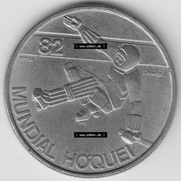 Grau bzw. s/w Münzen Portugal Gedenkmünze 1982-1982, 25 Escudo, Mundial Hoquei. Rückseite der portugiesischen Gedenkmünze aus Portugal vor der Euro-Einführung in Portugal... Sammlung Graustufen