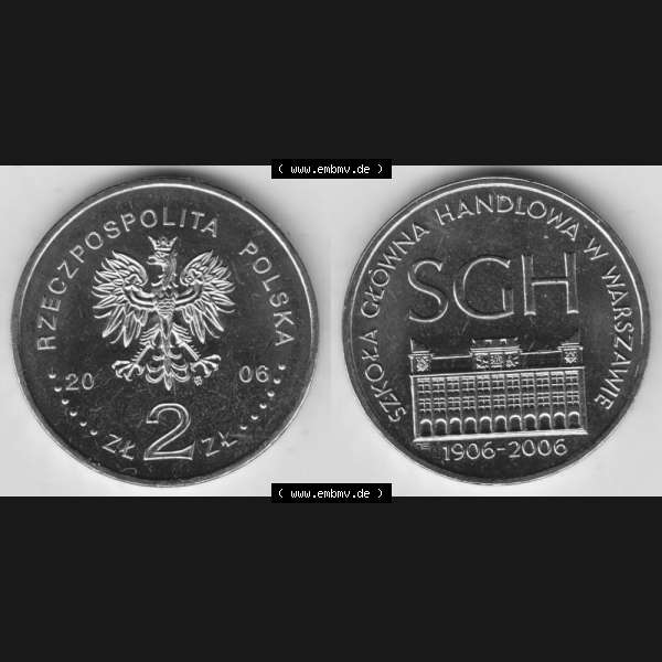 Grau bzw. s/w Münzen Polen Gedenkmünze 2006-2006, 2 Zloty, 100 Jahre Warschauer Hochschule für Wirtschaft, Bild mit Vollansicht als Bildmaterial Sammlung Graustufen