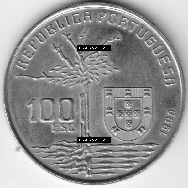 Grau bzw. s/w Münzen Portugal Gedenkmünze 1990-1990, 100 Escudos, Camilo Castelo Braiico. Vorderseite der Gedenkmünze aus Portugal zum katalogisieren im Münzen-Katalog und der... Sammlung Graustufen