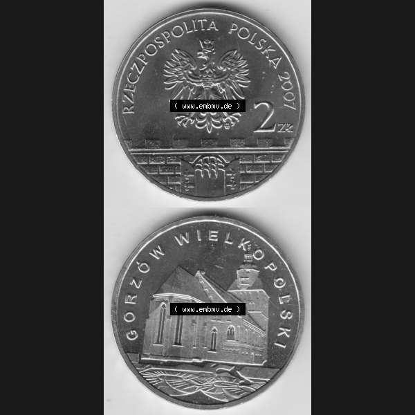 Grau bzw. s/w Münzen Polen Gedenkmünze 2007-2007, 2 Zloty, Historische Städte in Polen - Landsberg an der Warthe, Münzseiten Untereinander als Bildmaterial Sammlung Graustufen