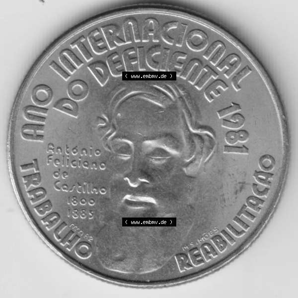 Grau bzw. s/w Münzen Portugal Gedenkmünze 1981-1981, 25 Escudos, Ano Internacional do Deficiente 1981 Internationales Jahr der Behinderten. Rückseite der portugiesischen Gedenkmünze... Sammlung Graustufen