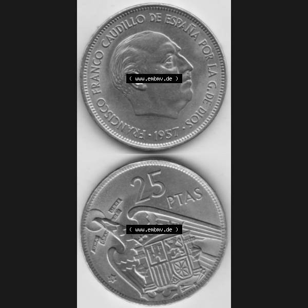 Grau bzw. s/w Münzen Spanien Umlaufmünze 1957-1957, 25 Peseten 1968, Münze aus Spanien, Umlaufmünze / aus Zahlungsverkehr mit Münzseiten Vertikal / Untereinander auf... Sammlung Graustufen