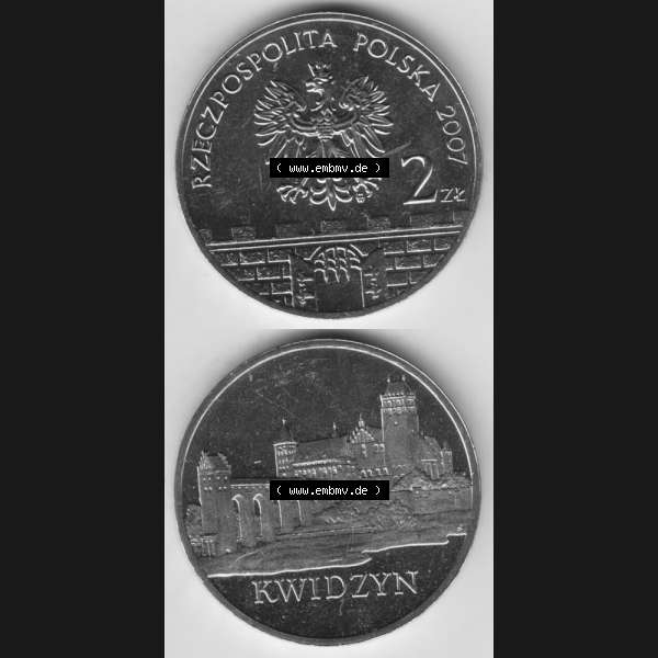 Grau bzw. s/w Münzen Polen Gedenkmünze 2007-2007, 2 Zloty, Historische Städte in Polen - Marienwerder, Münzseiten Untereinander als Bildmaterial Sammlung Graustufen