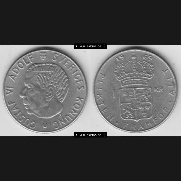 Grau bzw. s/w Münzen Schweden Umlaufmünze 1968-1973, 1 Krone 1969, Bild mit Vollansicht als Bildmaterial Sammlung Graustufen