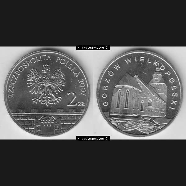 Grau bzw. s/w Münzen Polen Gedenkmünze 2007-2007, 2 Zloty, Historische Städte in Polen - Landsberg an der Warthe, Bild mit Vollansicht als Bildmaterial Sammlung Graustufen