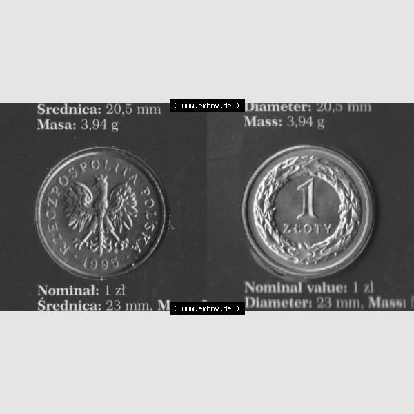 Grau bzw. s/w Münzen Polen KMS Umlaufmünze 1995, 1 Zloty, Bild mit Vollansicht als Bildmaterial Sammlung Graustufen