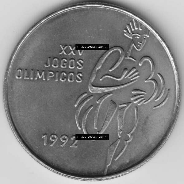 Grau bzw. s/w Münzen Portugal Gedenkmünze 1992-1992, 200 Escudo, XXV Jogos Olimpicos. Rückseite der portugiesischen Gedenkmünze aus Portugal vor der Euro-Einführung in Portugal... Sammlung Graustufen