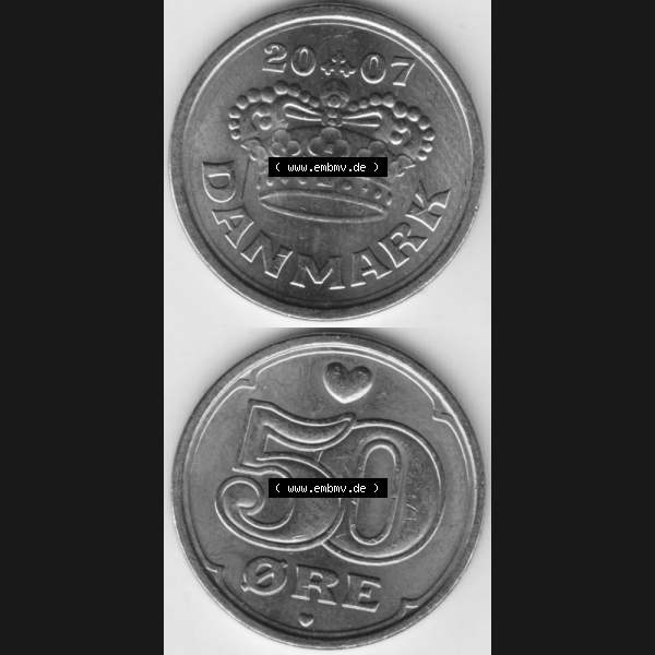 Grau bzw. s/w Münzen Dänemark Umlaufmünze 2007 50 Öre. Vorderseite und Rückseite vertikal auf einen digitalen Bild der alten dänischen Umlaufmünze aus Dänemark zum katalogisieren... Sammlung Graustufen