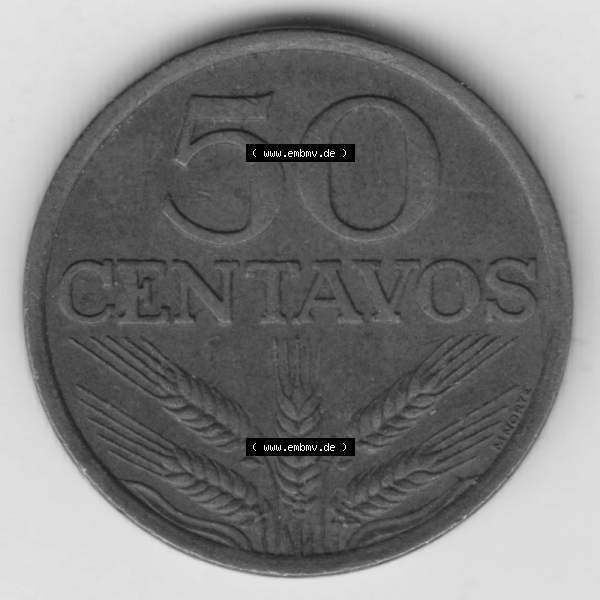 Grau bzw. s/w Münzen Portugal Umlaufmünze 1969-1979, 50 Centavos 1974. Rückseite der portugiesischen Umlaufmünze aus Portugal vor der Euro-Einführung in Portugal zum katalogisieren... Sammlung Graustufen