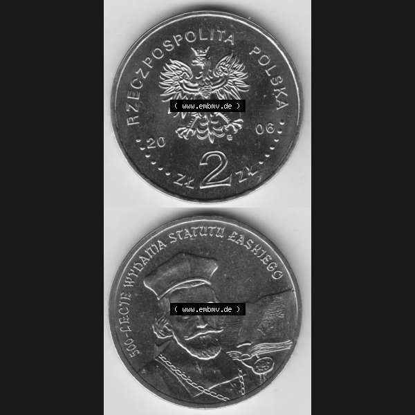 Grau bzw. s/w Münzen Polen Gedenkmünze 2006-2006, 2 Zloty, 500. Jahrestag - Proklamation des Statuts von Jan Laski, Münzseiten Untereinander als Bildmaterial Sammlung Graustufen