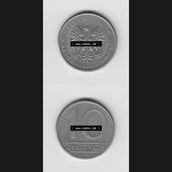 Grau bzw. s/w Münzen Polen Umlaufmünze 1984-1988, 10 Zlotych 1986, Münzseiten Untereinander als Bildmaterial Sammlung Graustufen