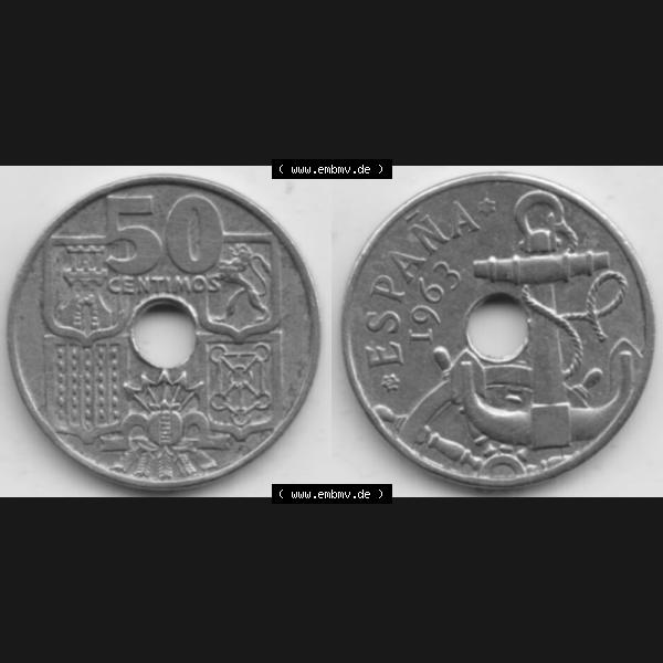 Grau bzw. s/w Münzen Spanien Umlaufmünze 1949-1963, 50 Centimos 1963, Bild mit Vollansicht als Bildmaterial Sammlung Graustufen