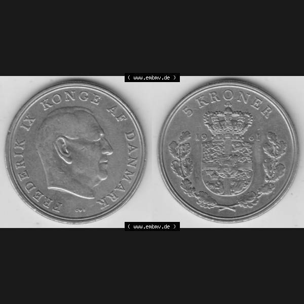 Grau bzw. s/w Münzen Dänemark Umlaufmünze 1960-1972, 5 Kronen 1961, König Frederick IX. Vorderseite und Rückseite horizontal auf einen digitalen Bild der alten dänischen... Sammlung Graustufen
