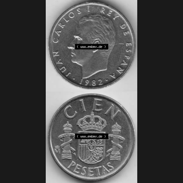 Grau bzw. s/w Münzen Spanien Umlaufmünze 1982-1990, 100 Cien Peseten 1982, Münze aus Spanien, Umlaufmünze / aus Zahlungsverkehr mit Münzseiten Vertikal / Untereinander... Sammlung Graustufen