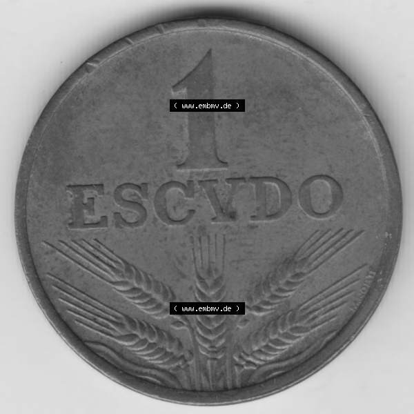 Grau bzw. s/w Münzen Portugal Umlaufmünze 1969-1979, 1 Escudo 1975. Vorderseite der Escudo Umlaufmünze aus Portugal vor EInführung der Euromünzen in Portugal zum katalogisieren... Sammlung Graustufen