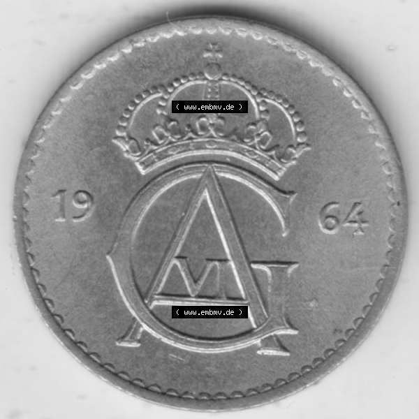 Grau bzw. s/w Münzen Schweden Umlaufmünze 1962-1973, 10 Öre 1964. Münzen aus Schweden als Bildmaterial für Sammler und Münzen-Webseiten hier im online Katalog und Datenbank... Sammlung Graustufen