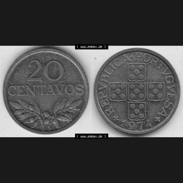 Grau bzw. s/w Münzen Portugal Umlaufmünze 1969-1974, 20 Centavos 1974. Vorderseite und Rückseite auf einen Bild/Foto der portugiesischen Umlaufmünze aus Portugal vor der Euro-Einführung... Sammlung Graustufen