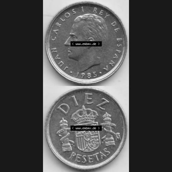 Grau bzw. s/w Münzen Spanien Umlaufmünze 1983-1985, 10 Peseten 1985, Münze aus Spanien, Umlaufmünze / aus Zahlungsverkehr mit Münzseiten Vertikal / Untereinander auf... Sammlung Graustufen