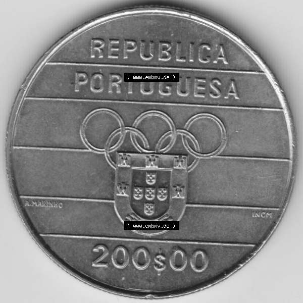 Grau bzw. s/w Münzen Portugal Gedenkmünze 1992-1992, 200 Escudo, XXV Jogos Olimpicos. Vorderseite der Gedenkmünze aus Portugal zum katalogisieren im Münzen-Katalog und der Verwaltung... Sammlung Graustufen