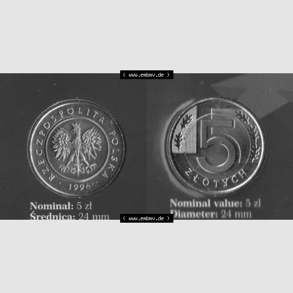Grau bzw. s/w Münzen Polen KMS Umlaufmünze 1996, 5 Zloty, Bild mit Vollansicht als Bildmaterial Sammlung Graustufen