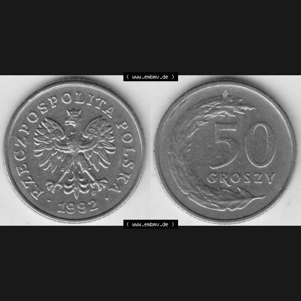 Grau bzw. s/w Münzen Polen Umlaufmünze 1990-2016, 50 Groszy 1992, Bild mit Vollansicht als Bildmaterial Sammlung Graustufen