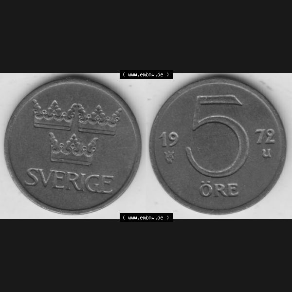 Grau bzw. s/w Münzen Schweden Umlaufmünze 1972-1973, 5 Öre 1972, Bild mit Vollansicht als Bildmaterial Sammlung Graustufen