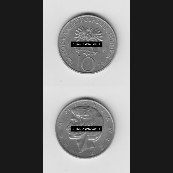 Grau bzw. s/w Münzen Polen Gedenkmünze 1975-1976, 10 Zlotych 1975, Münzseiten Untereinander als Bildmaterial Sammlung Graustufen
