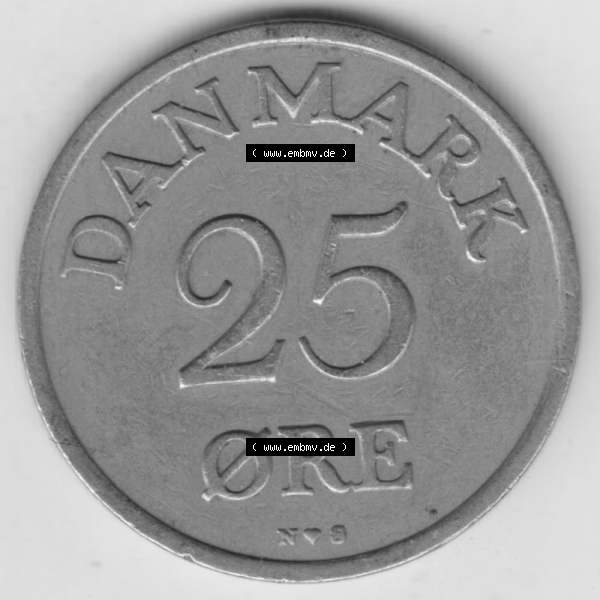 Grau bzw. s/w Münzen Dänemark Umlaufmünze 1948-1960, 25 Öre 1950. Rückseite der alten dänischen Umlaufmünze aus Dänemark zum katalogisieren und verwalten im Münzen-Katalog... Sammlung Graustufen