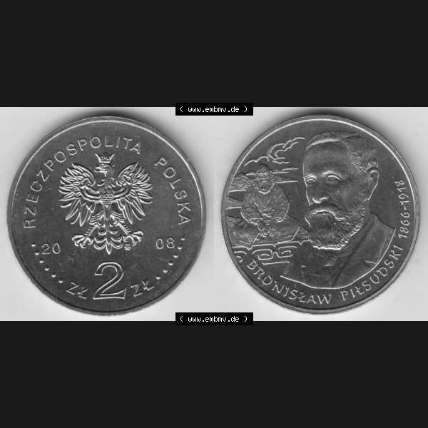 Grau bzw. s/w Münzen Polen Gedenkmünze 2008-2008, 2 Zloty, Polnische Reisende und Entdecker - Bronisław Piotr Piłsudski (1866-1918), Bild mit Vollansicht als Bildmaterial Sammlung Graustufen
