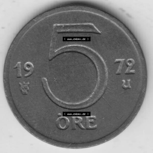 Grau bzw. s/w Münzen Schweden Umlaufmünze 1972-1973, 5 Öre 1972, Bild mit Rückseite der Münze als Bildmaterial Sammlung Graustufen