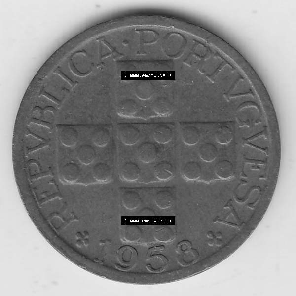 Grau bzw. s/w Münzen Portugal Umlaufmünze 1942-1969, 10 Centavos 1958. Rückseite der portugiesischen Umlaufmünze aus Portugal vor der Euro-Einführung in Portugal zum katalogisieren... Sammlung Graustufen