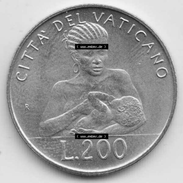 Grau bzw. s/w Münzen Vatikan / Vatikanstadt Umlaufmünze 1992-1992, 200 Lire Papst Giovanni Paolo II, Bild mit Rückseite der Münze als Bildmaterial. Münze aus dem Vatikan... Sammlung Graustufen