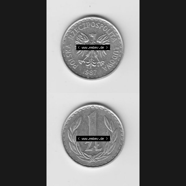 Grau bzw. s/w Münzen Polen Umlaufmünze 1986-1988, 1 Zloty 1987, Münzseiten Untereinander als Bildmaterial Sammlung Graustufen